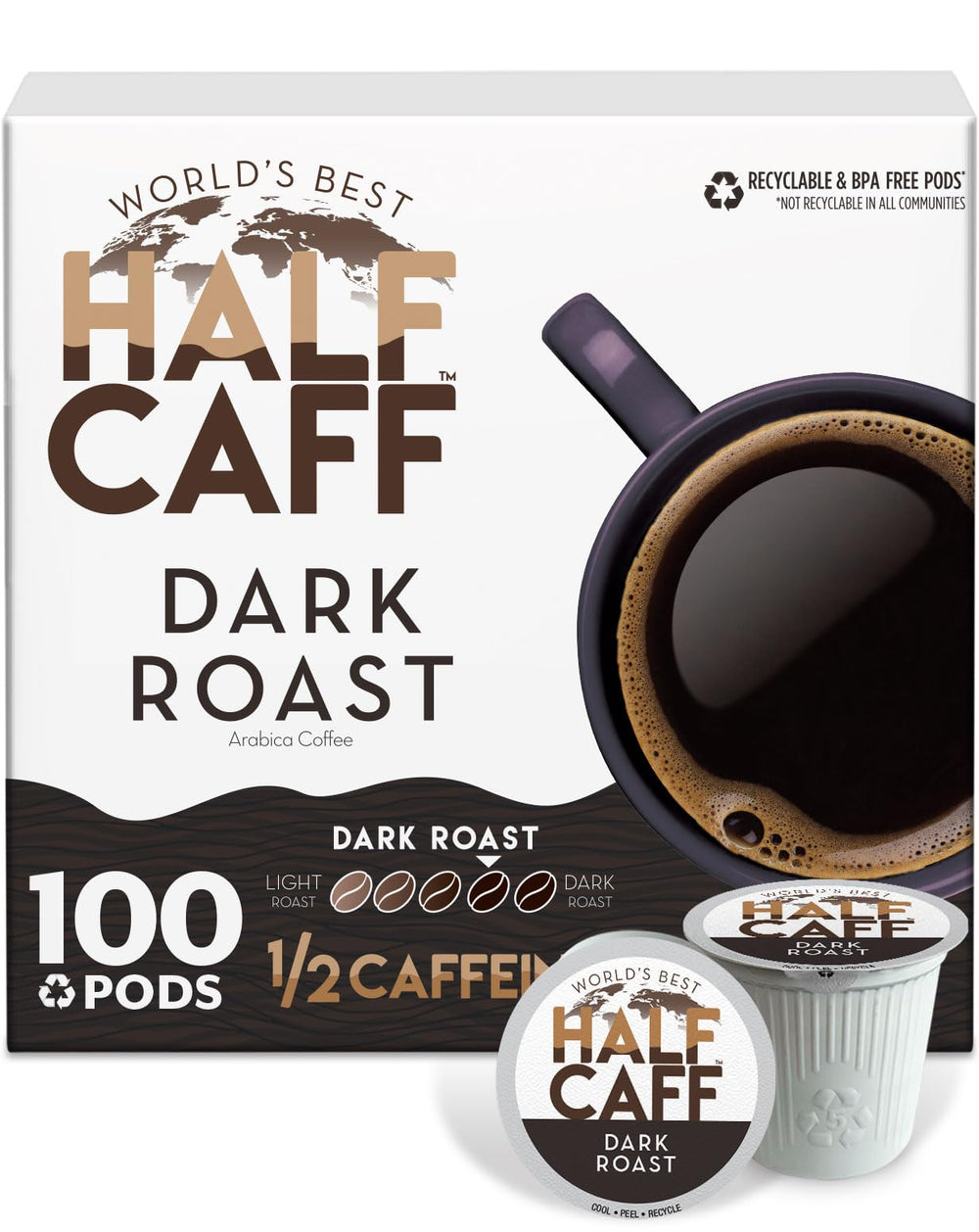 World's Best Half Caff dark roast pods box 100ct for convenient mornings.