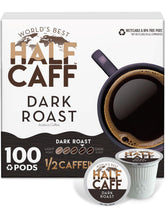 World's Best Half Caff dark roast pods box 100ct for convenient mornings.