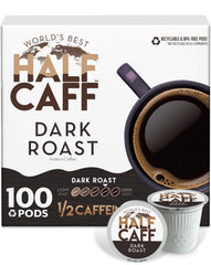 World's Best Half Caff dark roast pods box 100ct for convenient mornings.