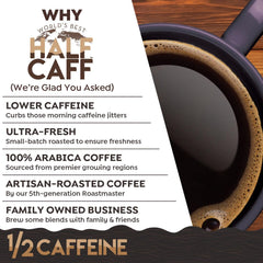 Solar-powered roasting facility image for World's Best Half Caff emphasizing sustainable production.