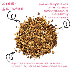 Worldwide Botanicals burdock root tea infusion, caffeine-free and fragrant.
