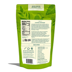 Worldwide Botanicals carob powder hot milk cup, smooth natural sweetness for low-sugar drinks.