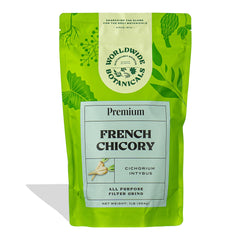 Worldwide Botanicals French chicory root 1lb pack for a caffeine-free coffee alternative.
