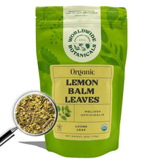 Worldwide Botanicals Lemon Balm tea leaves ready to steep for a soothing ritual.