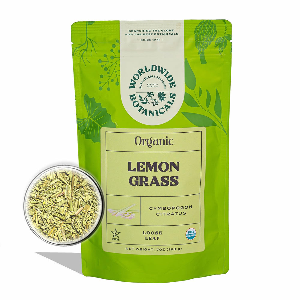 Worldwide Botanicals Lemongrass Leaves pack preserves aroma in a resealable bag.