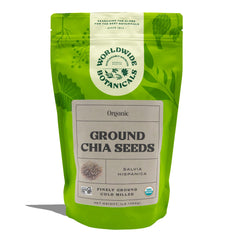 Worldwide Botanicals organic ground chia seeds 1lb bag ideal for smoothies and baking.