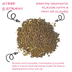 Worldwide Botanicals Organic Holy Basil tea cup brew showing earthy aroma