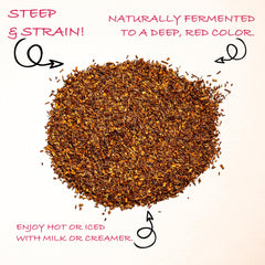 Worldwide Botanicals rooibos brewed tea in a cup reveals a deep red infusion and aroma.