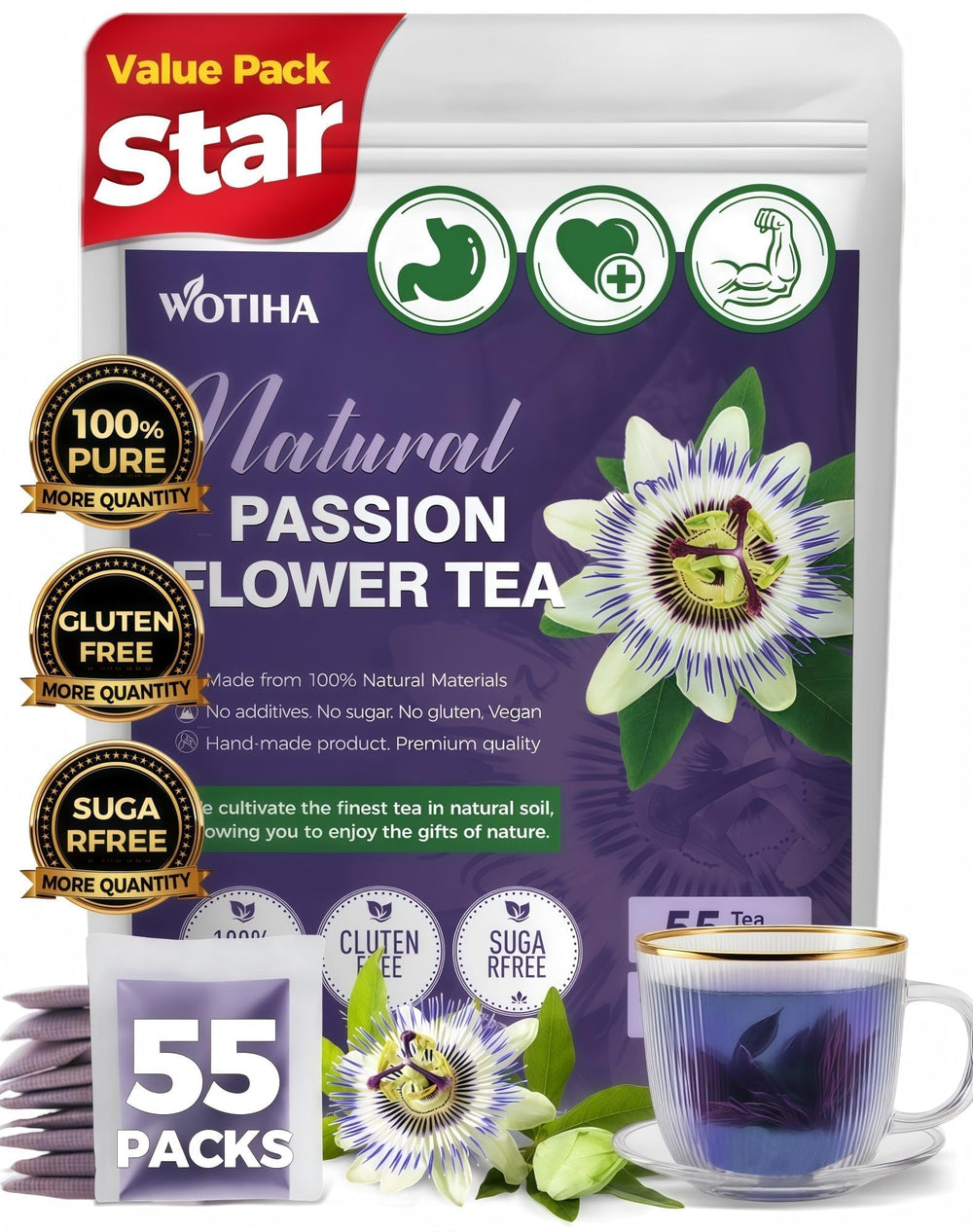 WOTIHA passion flower tea bags ready for a calming evening brew.
