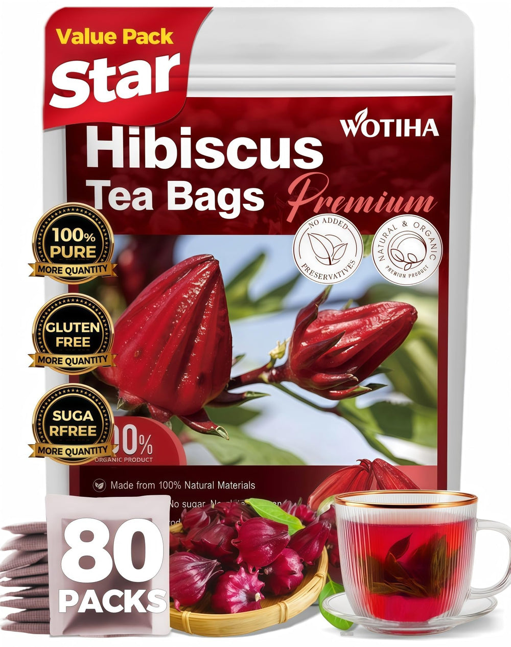 WOTIHA premium hibiscus tea bags with pure sun-dried hibiscus flowers for daily refreshment.