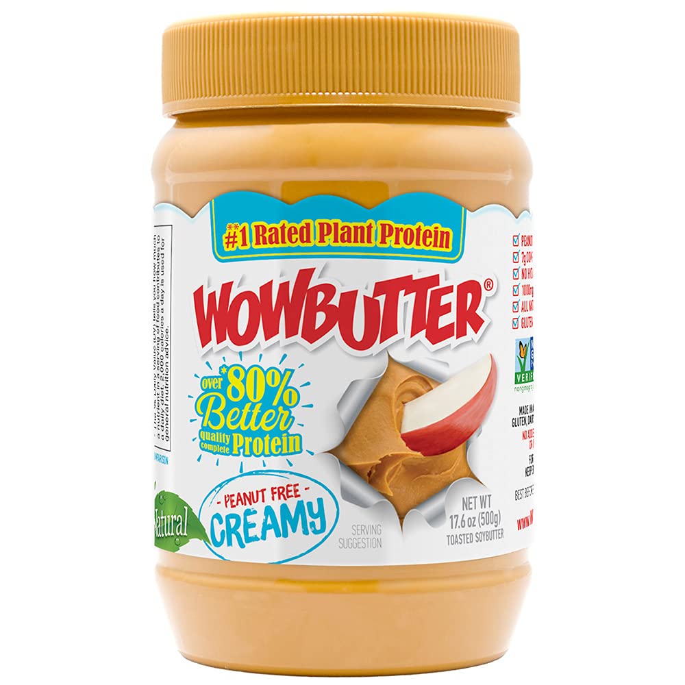 WOWBUTTER jar highlights a creamy peanut-free spread ideal for school lunches.