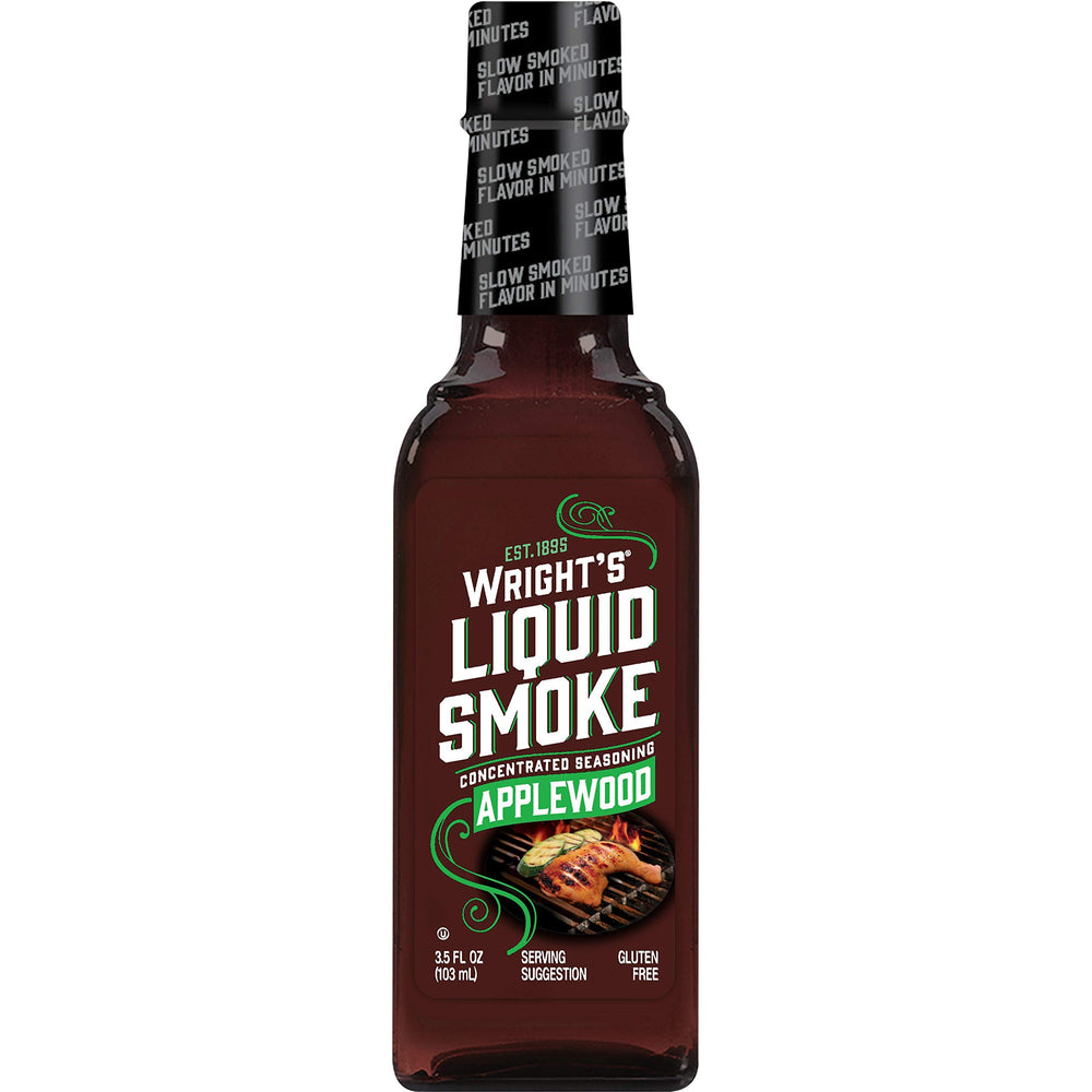 Wright's Liquid Smoke Applewood bottle enhances marinades with rich smoky aroma.