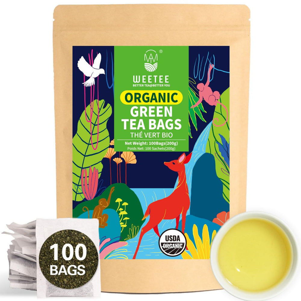 WT WEETEE organic green tea bags in a resealable pouch for lasting freshness