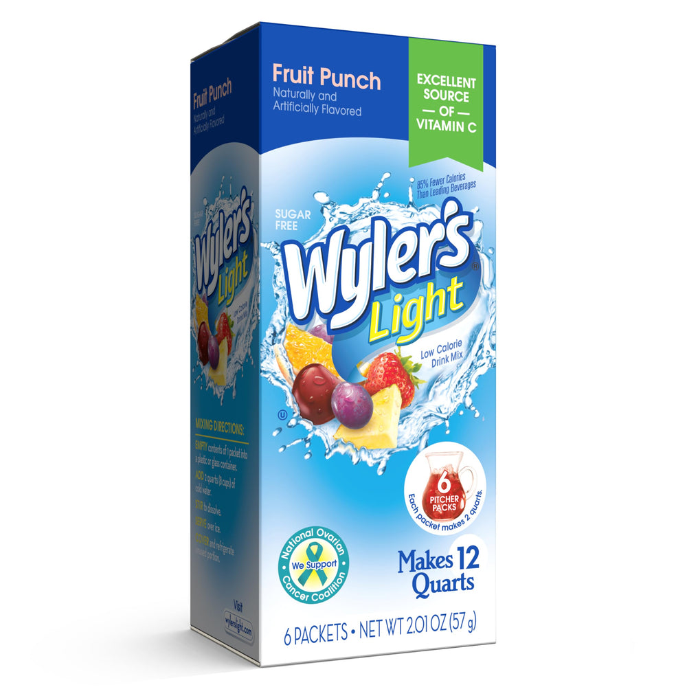 Wyler's Light Fruit Punch Pitcher Packs shown as six boxes for sugar-free, flavorful hydration.
