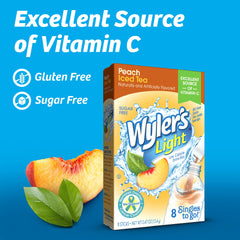 Wyler's Light Peach Iced Tea being poured into a glass for refreshing flavor.