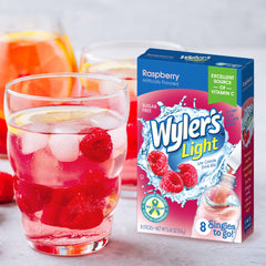 Open case of Wyler's Light Raspberry packets ready for quick hydration.