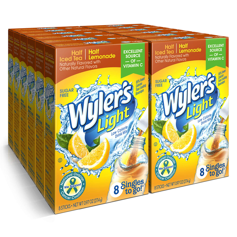 Wyler's Light Half n' Half water enhancer packet being poured for refreshing hydration.