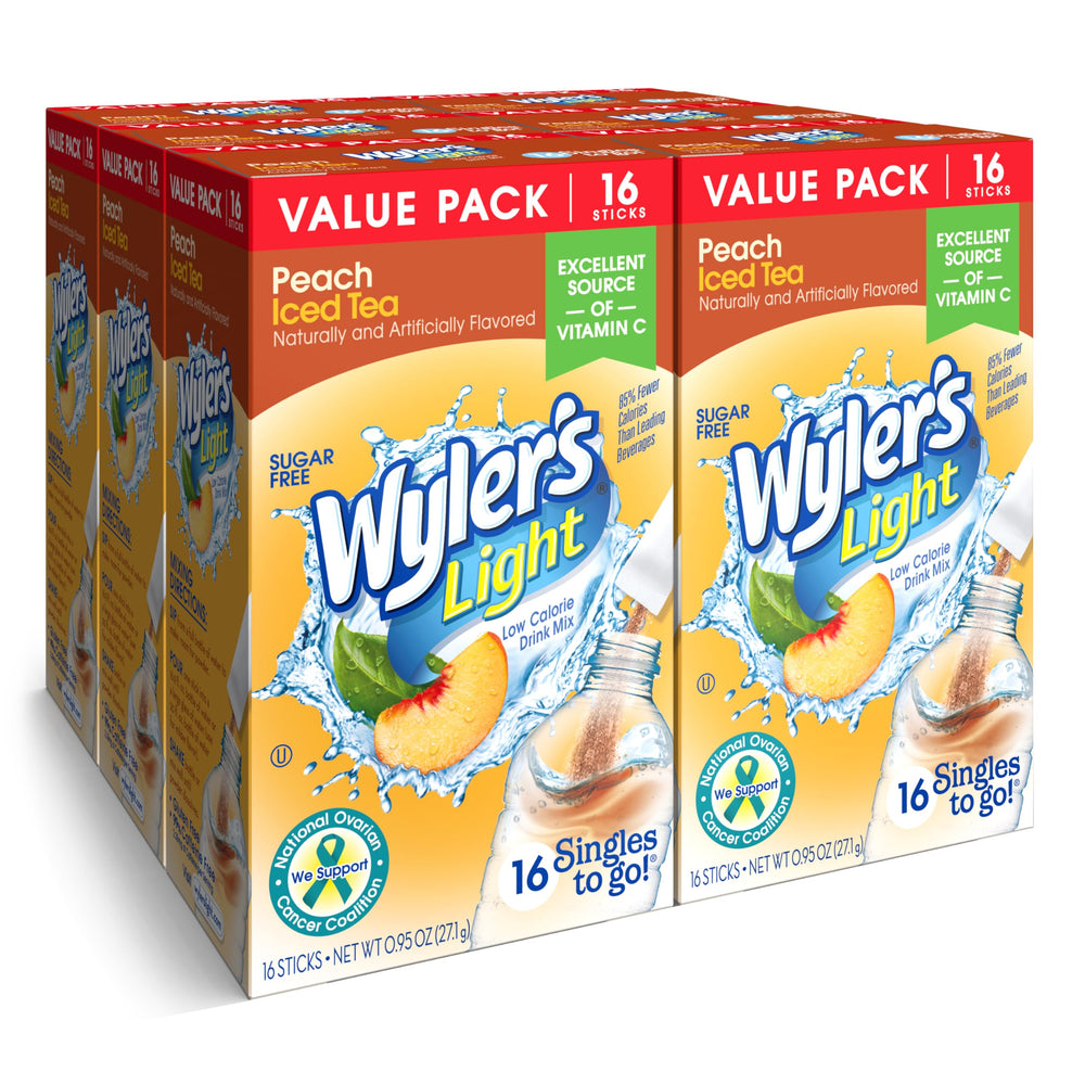 Wyler's Light Peach Iced Tea packet ready to mix for on-the-go hydration.