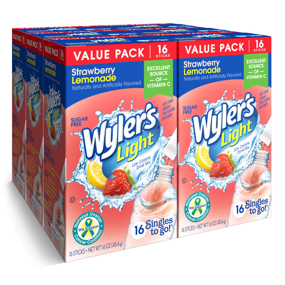 Wyler's Light Strawberry Lemonade powder mixed in water for tasty hydration.