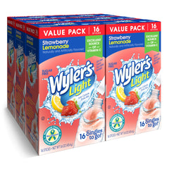 Wyler's Light Strawberry Lemonade powder mixed in water for tasty hydration.