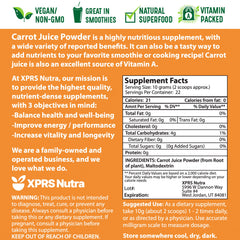XPRS Nutra carrot powder jar back highlights non-GMO packaging