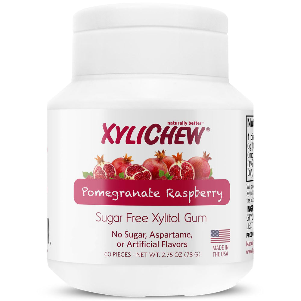 Xylichew Pomegranate Raspberry packaging view highlights sugar-free formula for daily oral care.