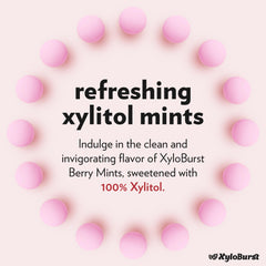 Xyloburst Berry Xylitol Mints closeup flavor emphasizes vibrant berry aroma and cooling bite.