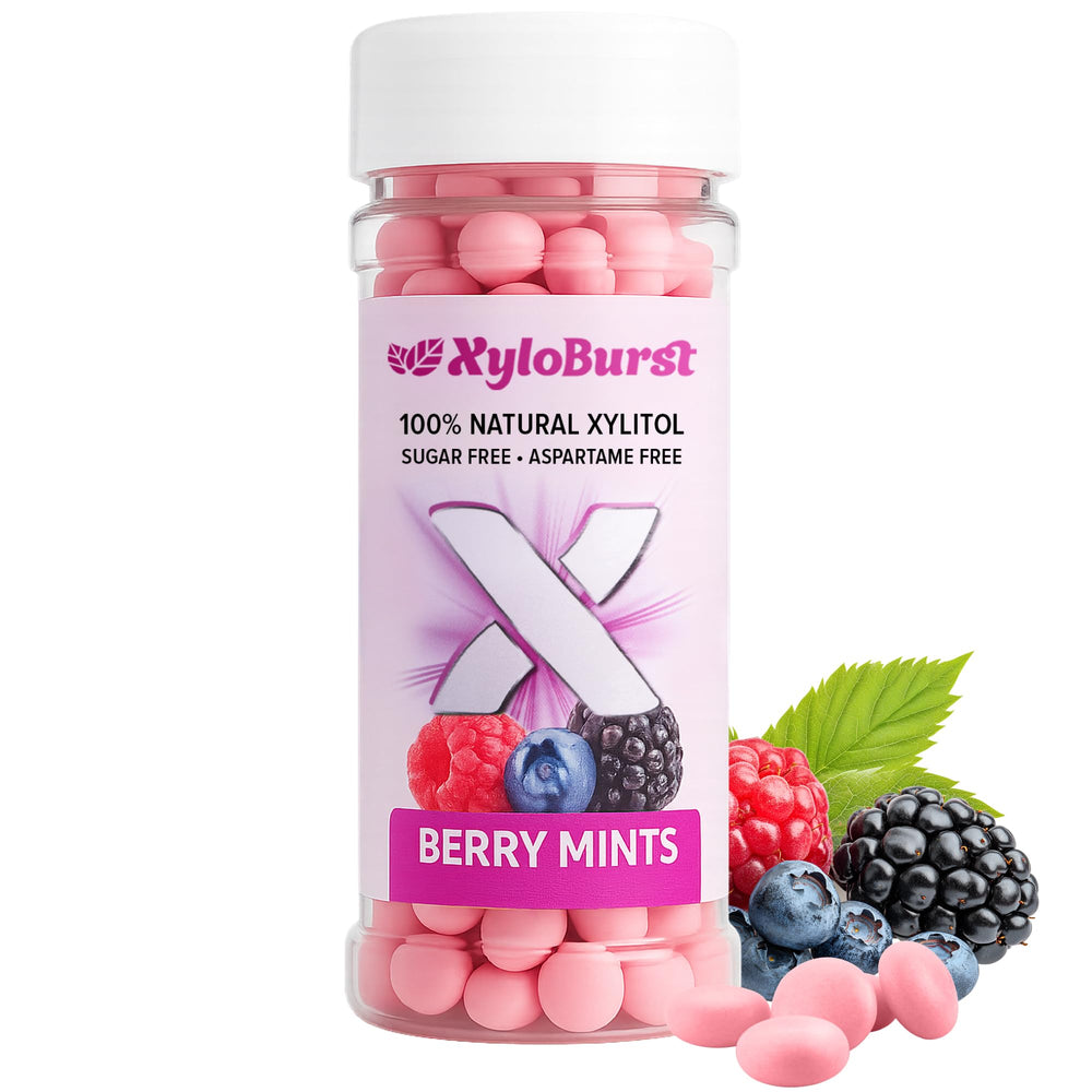 Xyloburst Berry Xylitol Mints pack shot for quick berry-fresh breath on the go.