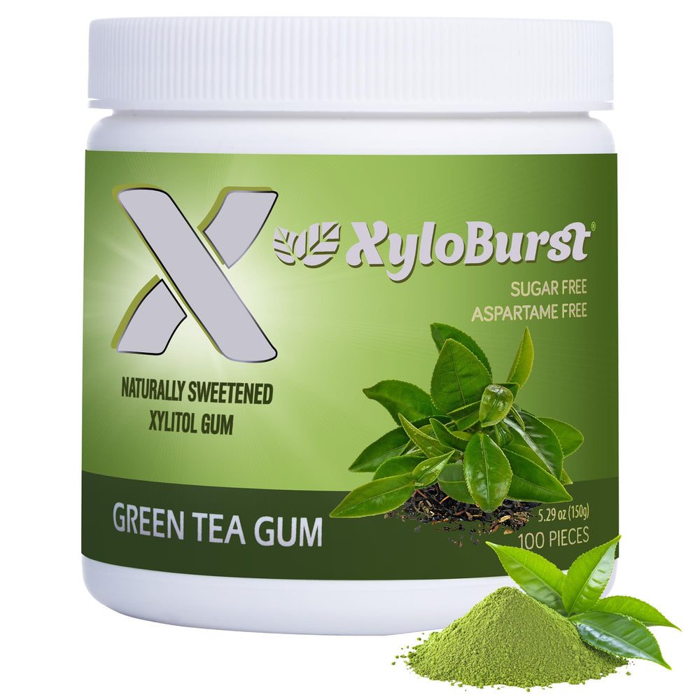 Xyloburst gum green tea jar shows convenient sugar-free chewing for fresher breath