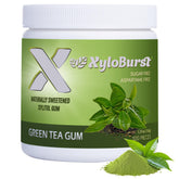 Xyloburst gum green tea jar shows convenient sugar-free chewing for fresher breath