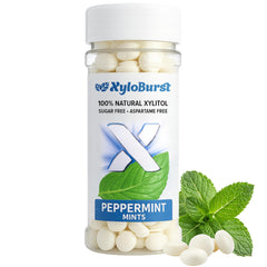 XyloBurst xylitol mints jar displaying peppermint flavor for fresh breath