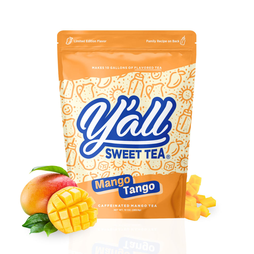 Y’all Sweet Tea Mango Tango tea bags ready to brew bold mango iced tea.