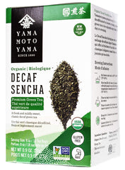 Yamamotoyama decaf sencha tea bag label close-up, organic and non-GMO