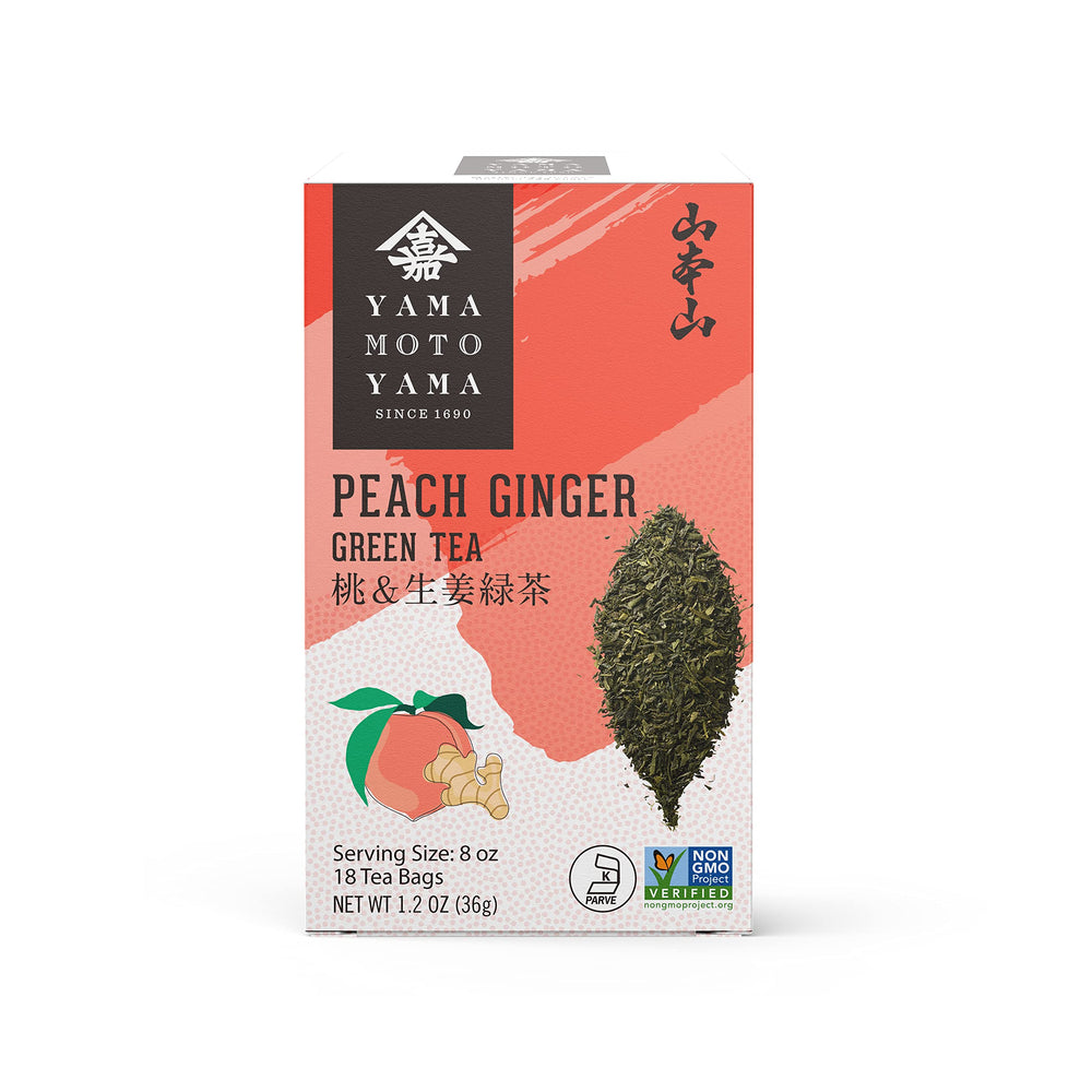 Yamamotoyama Peach Ginger Green Tea bags, fruity aroma and balanced flavor.