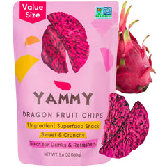 Yammy Dried Dragon Fruit Chips in packaging, gluten-free vegan snack for on-the-go energy.