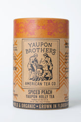 Yaupon Brothers Spiced Peach tea bags packaging shows eco-friendly design for convenient use