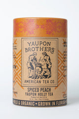 Yaupon Brothers Spiced Peach tea bags packaging shows eco-friendly design for convenient use
