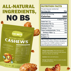 Close-up of glossy butter-toffee coating on YAY NUTS cashews highlighting caramelized flavor.