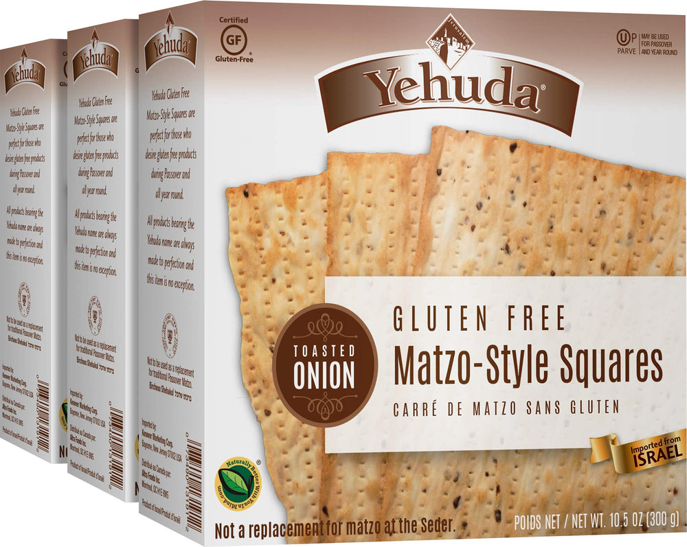 Yehuda gluten-free matzo squares toasted onion hero image showing crisp, savory snack.
