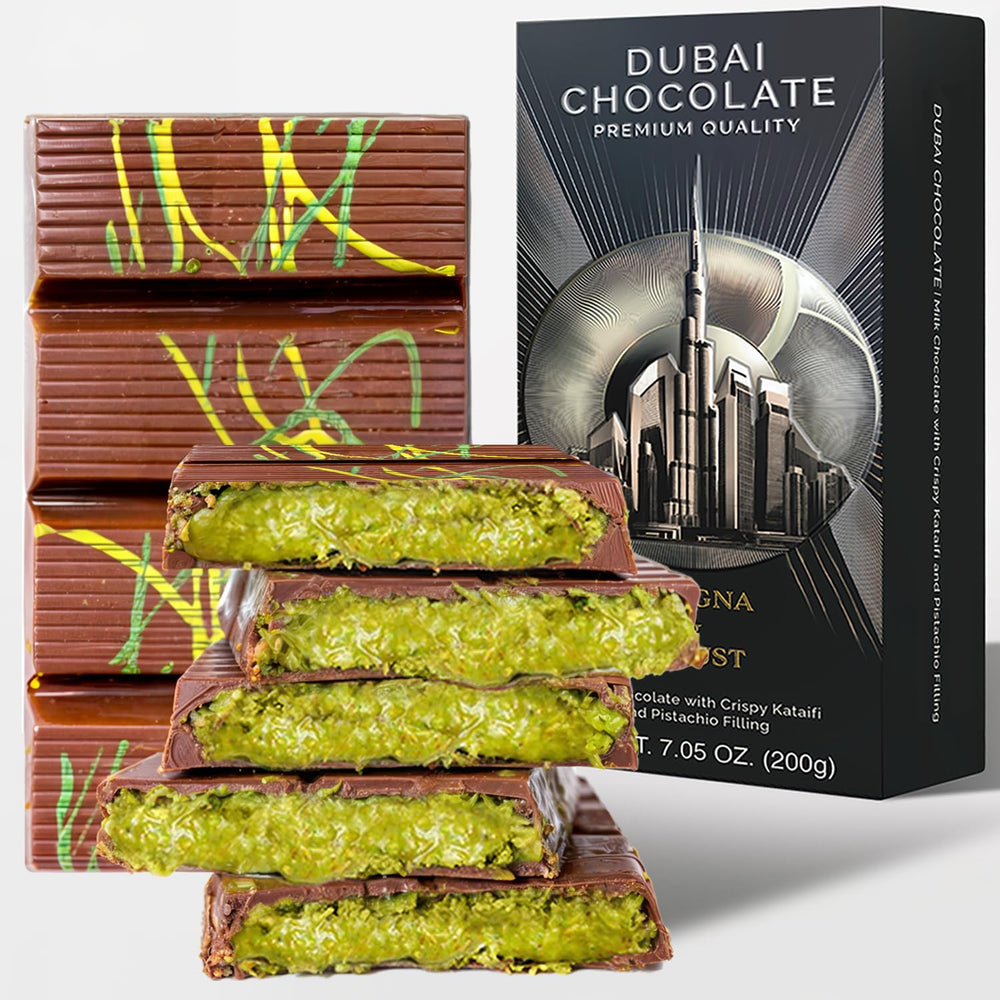 Yelgna & Moust Dubai chocolate bar pistachio cream close-up
