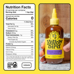 Yellowbird Classic Ghost Pepper label close-up highlighting gluten-free and vegan marks