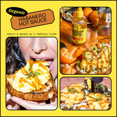 Yellowbird Organic Habanero Hot Sauce glass bottle on a kitchen shelf.