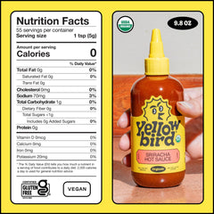 Yellowbird Sriracha label closeup emphasizes organic ingredients and clean gluten-free, vegan attributes