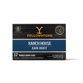 Y Yellowstone Ranch House Dark Roast packaging front highlighting recyclable pods