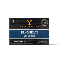Y Yellowstone Ranch House Dark Roast packaging front highlighting recyclable pods