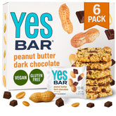 The YES Bar peanut butter dark chocolate bar close-up highlighting creamy texture for on-the-go snacking.