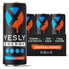 Yesly Energy Tropical Punch can front view showing a crisp caffeine lift