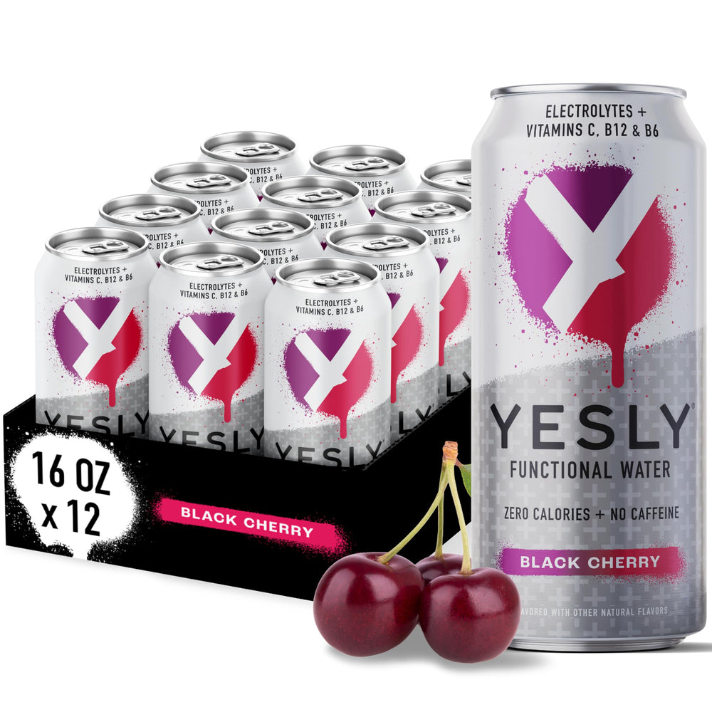Yesly Functional Water Black Cherry bottle front highlights zero sugar hydration and electrolytes.