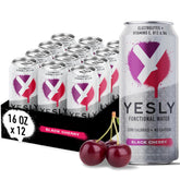 Yesly Functional Water Black Cherry bottle front highlights zero sugar hydration and electrolytes.