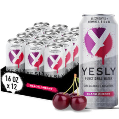 Yesly Functional Water Black Cherry bottle front highlights zero sugar hydration and electrolytes.